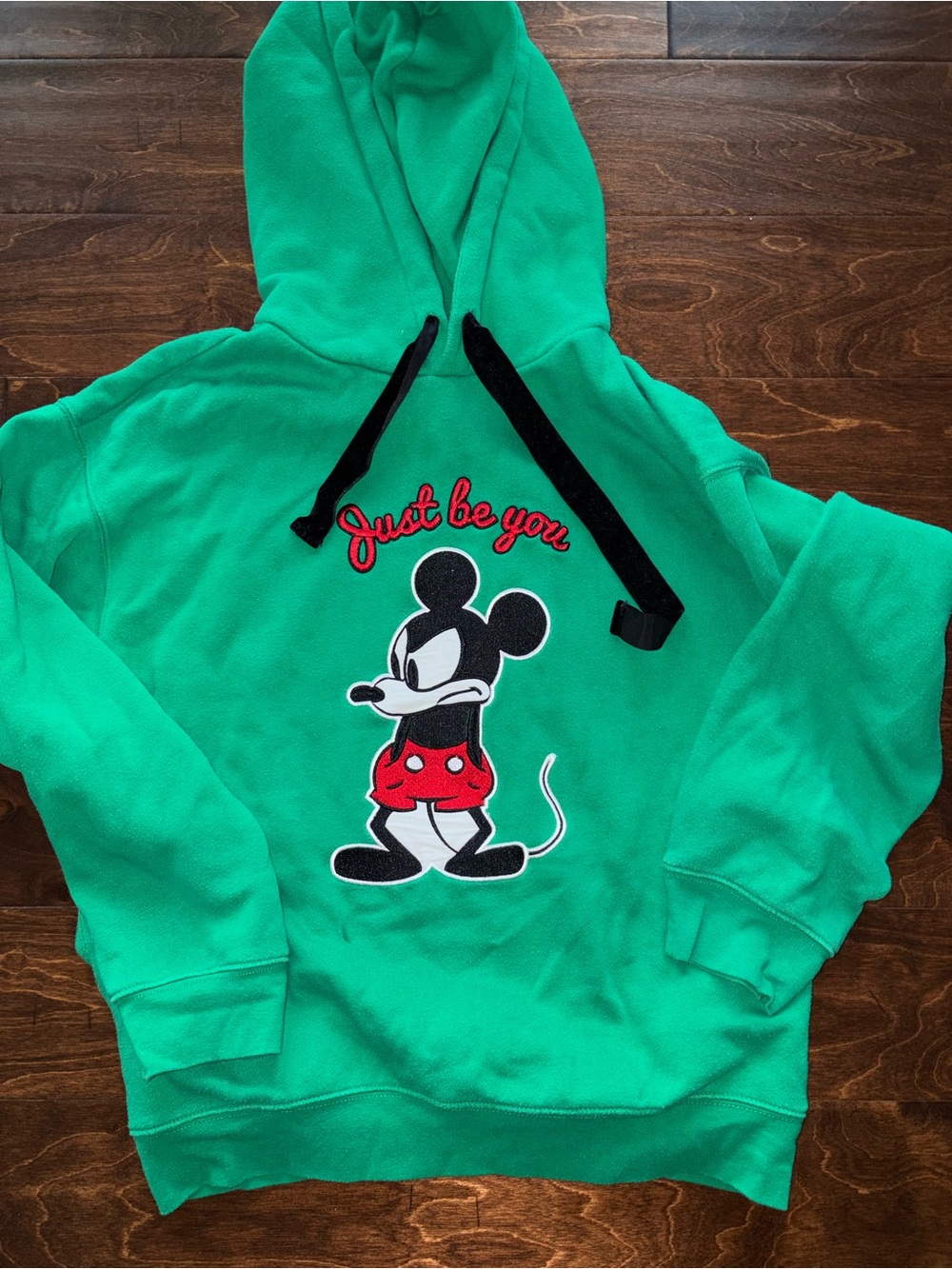 Forever 21 Women’s Green Hoodie with Mickey Mouse Patch and Black Drawstrings